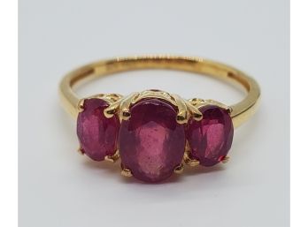 Beautiful Ruby 3 Stone Ring In Yellow Gold Over Sterling