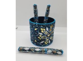 Handcrafted Set Of 3 Blue Beaded Pens & Matching Holder