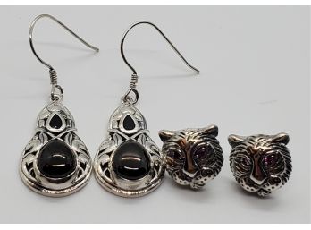 Bali Ruby Earrings & Shungite, Black Spinel Earrings Both In Sterling