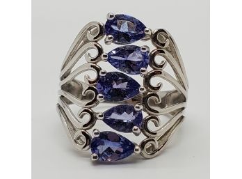 Pear Shaped Tanzanite, Rhodium Over Sterling 5 Stone Ring