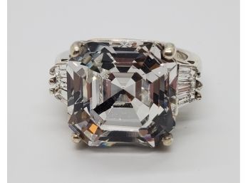 Asscher Cut White Crystal Ring In Platinum Over Sterling With Swarovski Crystal