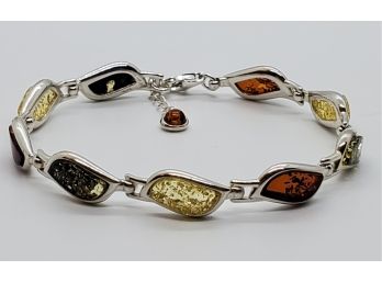 Multi Color Amber Leaf Bracelet In Sterling