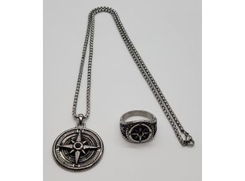 Natural Black Spinel Men's Ring & Pendant Necklace In Black Oxidized Stainless Steel