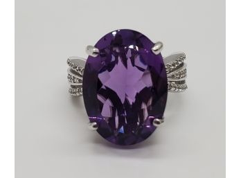 Amethyst & Natural White Zircon Ring In Platinum Over Sterling