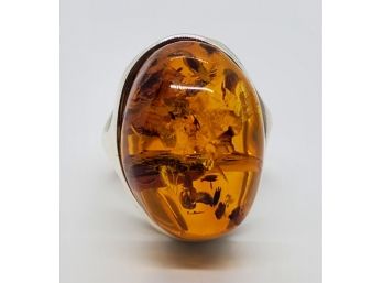 Baltic Amber Adjustable Ring In Rhodium Over Sterling