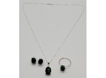 Malachite, White Topaz Pendant Necklace, Earrings & Ring Set In Sterling