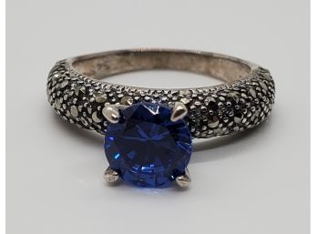 Faux Blue Diamond, Marcasite Ring In Sterling