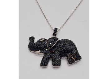 Black Spinel Rhodium Over Sterling Elephant Pendant Necklace