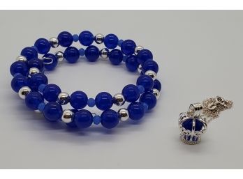 Blue Jade, Sterling Beaded & Crystal Wrap Bracelet With Matching Pendant Necklace