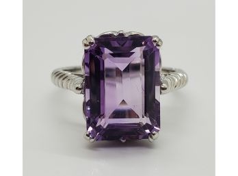 Exceptional Emerald Cut Amethyst, Rhodium Over Sterling Ring