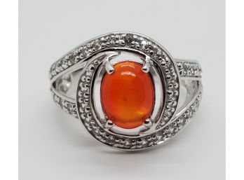 Orange Ethiopian Opal, White Zircon Sterling Silver Ring