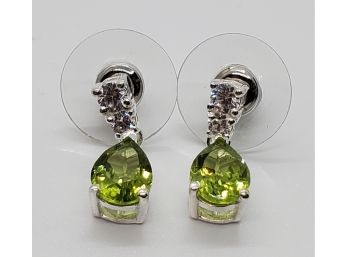Peridot & Faux Diamond Drop Earrings In Sterling