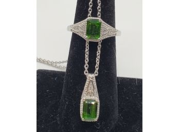 Natural Russian Diopside, Zircon Ring & Pendant Necklace In Platinum Over Sterling
