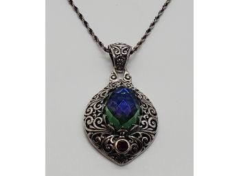 Bali Peacock Quartz & Ruby Pendant Necklace In Sterling
