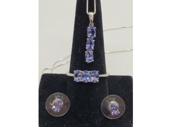 Tanzanite Stud Earrings, Ring & Pendant Necklace In Platinum Over Sterling