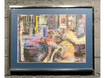 Vintage Abstract Painting Of Woman Singing In Times Square Signed