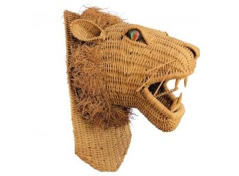 Vintage Wicker Lion With Marble Eyes - Mid Century Modern Decor.