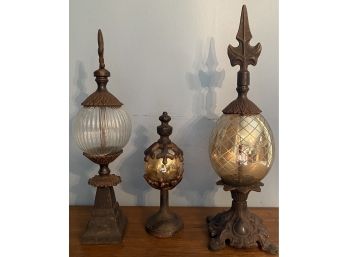 Three Decorative Metal And Glass Finials