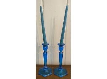 Blue Opalescent Candle Sticks