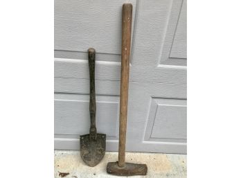 Vintage Army Spade Tool And Wooden Handle Axe