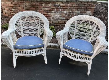 Pair Of Matching Wicker Accent Chairs With Custom Made Cushions