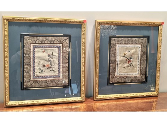 A Pair Of Beautifully Framed Asian Silk Embroidered Floral Designs