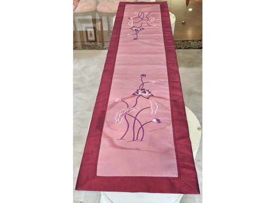 Silk Asian Design Runner With Decorative Red And Pink Flowers