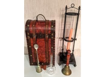 Decorative Red Chest, Wood & Brass Bell, Vintage Beaker, And Spoon With Shot Glass