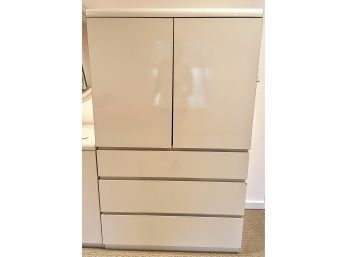 Chic White Laminated Dresser With Cabinet And Three Drawers