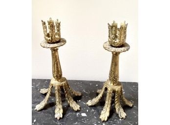 Unusual Antique Brass Candle Stick Holders With Scroll Like Feet And Prongs