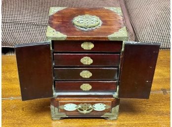 Fine Vintage Chinese Rosewood Jewelry Box With 8 Panels,  Serpentine Carving, Brass Medallions, Silk Drawers.
