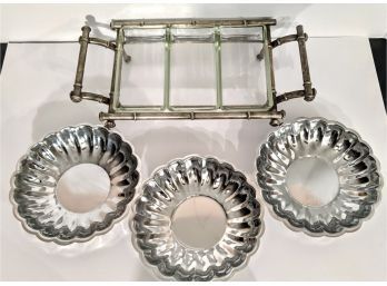 Silver Metal Serving Tray With Bamboo Design  Paired With Perfectly Sized Silver Metal Bowls