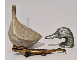 One Ceramic Hen, One Brass Alligator And One Silver Metal Duck Head