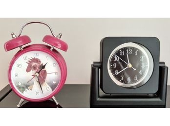 Two Desk Clocks 1 Plain Black & 1 A Quirky Rooster