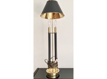 Tall /Handsome Brass Double Cylinder Table Lamp With Black/Gold Shade