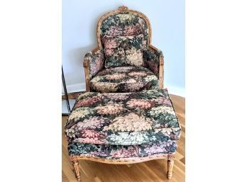 Vintage Ethan Allen Fabric Chair And Ottoman, Lovely Wood Detaling