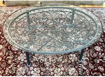 Decorative Wrought Iron Coffee Table Topped With Oval Glass
