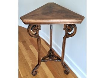 Triangle Topped Wooden Side Table With Wrought Iron Base, In Very Good Condition