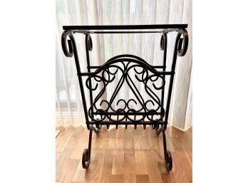 Wrought Iron, Glass Topped Side Table With Magazine/newspaper Basket