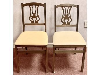 Set Of 2 Wooden Folding Chairs With Beige Upholstery