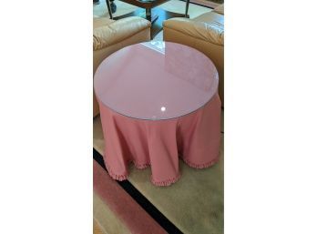 Pink Table Cloth Plus Plywood Table And Round Glass Top.