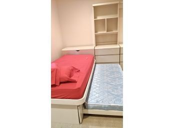 White Twin Size Bed & Trundle (2 Mattresses Are Included!), Chest, Bookshelf Topper, 3 Drawer Dresser