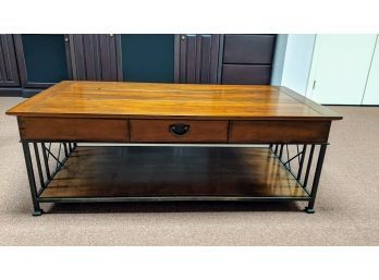 Drexel Wood & Wrought Iron Coffee Table, With Storage-Shelf Underneath, And Convenient Drawer To Avoid Losing