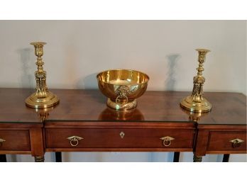 Substantial Weight On The Brass Candle Holders And Brass Bowl With Lion Sculpted Brass Rings On The Side