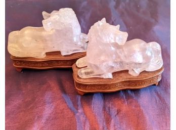A Pair Of Asian Rose Quartz Carved Horse Figurines On Wooden Stand