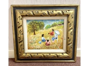 Framed Oil Of Family In A Field By Local Artist Louise Guy