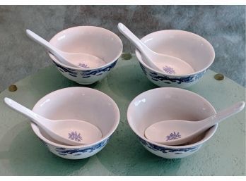 Set Of 4 Bombay Porcelain China Soup Bowls And Spoons