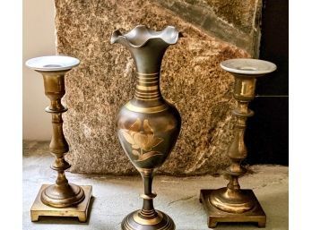 Pair Of Brass Candle Stick Holders & Decorative Brass & Copper Vase From The Brass And Copper Shop