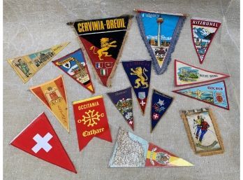 (15) Mid Century EUROPEAN SOUVENIR FLAGS / PENNANTS