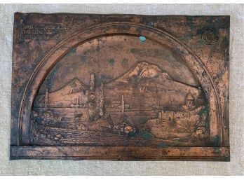 COPPER PLAQUE EMBOSSED WITH RURAL LANDSCAPE IN LOW RELIEF